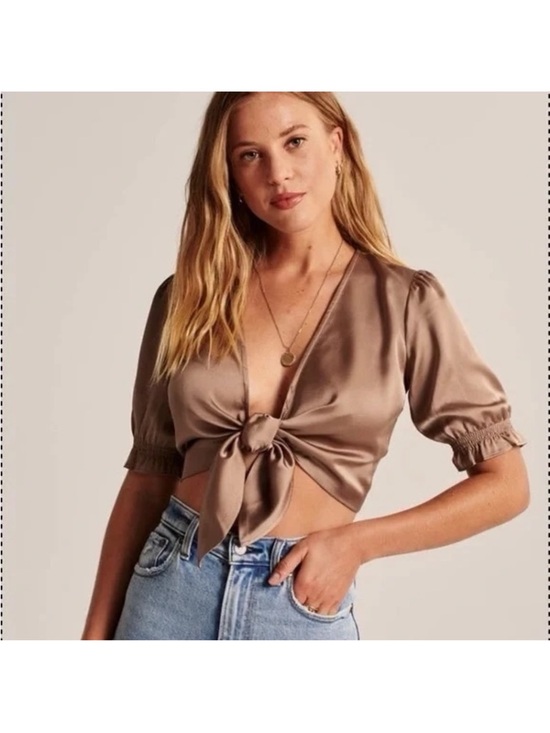 Abercrombie & Fitch Tops - Satin Tie-Front Crop Top - Taupe